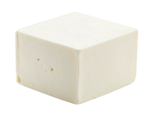 A crisp white block of firm, smooth cheese with small air pockets