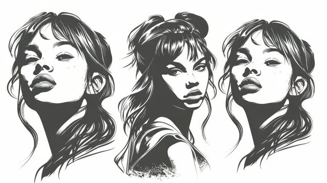 Black and white showing the progression of a woman's hairstyles.