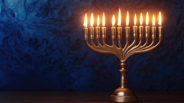 Classic golden-colored menorah with eight branches and a central taller shamash candle holder for lighting.