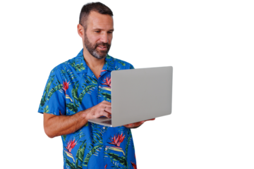 Man smiling while typing on a laptop, embracing the flexible work-life balance of a freelancer on a transparent background