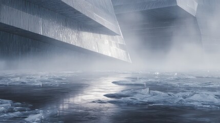 Floating shards of ice in misty winter wonderland