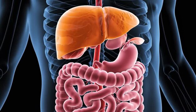3D anatomy of human internal organs with highlighted gastrointestinal tract, liver, stomach and intestines inside the body