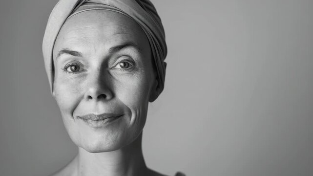 A woman with a head wrap smiling at the camera.