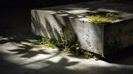 Rough concrete block with moss growth under dramatic sunlight and leaf shadows
