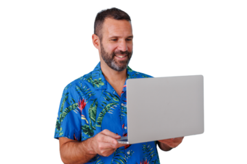 Man smiling and working remotely with laptop, enjoying a digital nomad lifestyle and career freedom on a transparent background