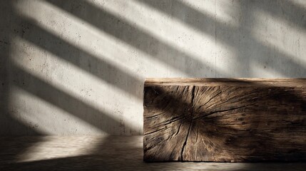 Dark weathered wood block rests against a textured concrete wall with diagonal window blinds shadows