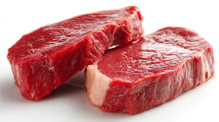 Two fresh raw beef steaks are resting in isolation from a spotless white