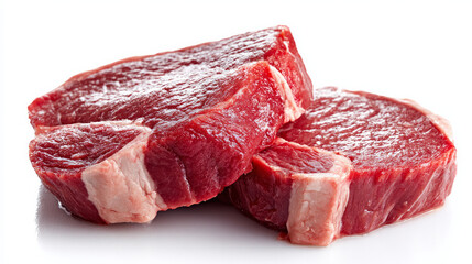 Two fresh raw beef steaks are resting in isolation from a spotless white