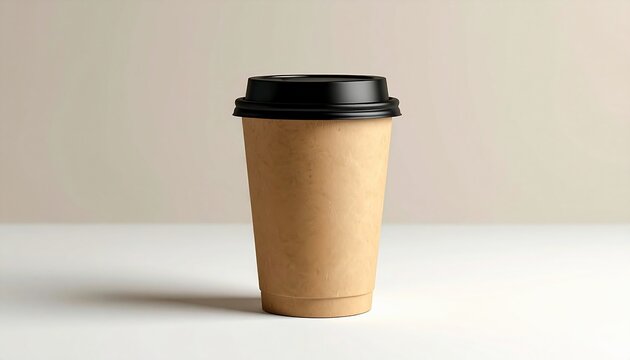 A tall, brown paper cup with a black lid rests on a white surface, lit by soft light