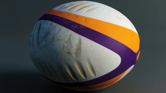 A used rugby ball with visible dirt and markings lies on the ground.