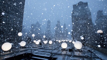 New Year rooftop party with glowing spheres
