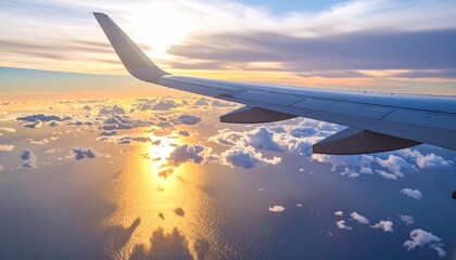 Fototapeta premium Airplane wing above clouds with golden sun reflection on ocean, ideal for travel blogs, airline branding, inspirational business trips and wanderlust themed visuals.