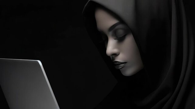 A woman in a dark hood looking intensely at something off-camera.