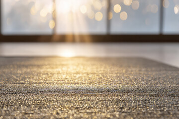 Peaceful sunlight shines on grey carpet texture capturing calm emotion for winter morning yoga routine near bright window background with bokeh effect showing relaxation and tranquility indoors