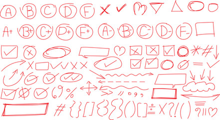 Collection of hand drawn red ink grading symbols, check marks, arrows, and abstract doodle elements.