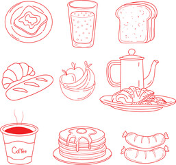 Hand drawn red line art icons collection of classic breakfast food items and beverages.