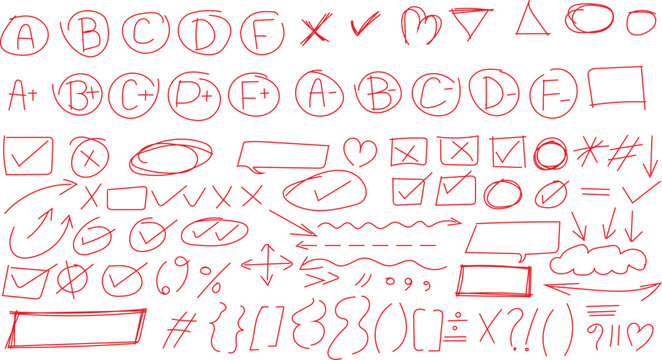 Collection of hand drawn red ink grading symbols, check marks, arrows, and abstract doodle elements.