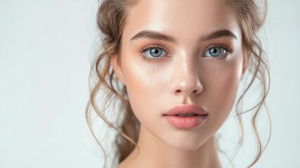 A woman with striking blue eyes and vibrant pink lips in a close-up portrait.