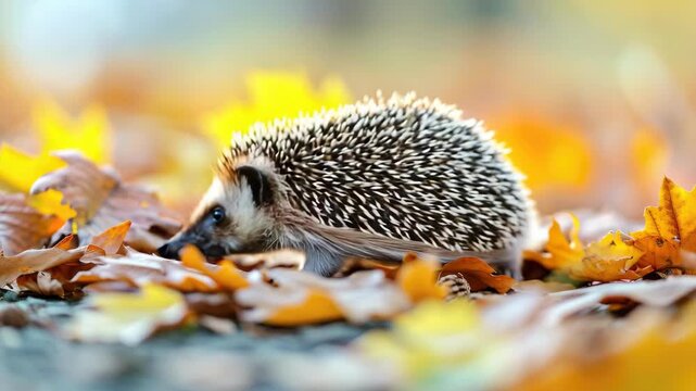 A cute hedgehog walking over colorful autumn leaves.