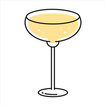 Minimal vector illustration of a champagne cocktail glass with yellow sparkling drink. Simple line style icon isolated on white background for celebration, party, bar, and festive design concept