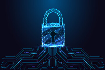 Cybersecurity low-poly padlock above circuit board for digital protection and privacy, vector