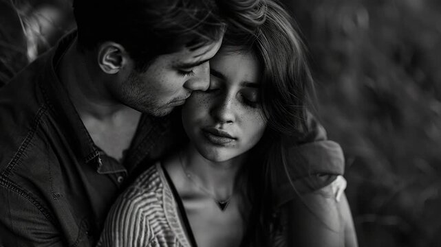 A romantic moment captured between two lovers in a park, with blurred background for focus on their intimate embrace.