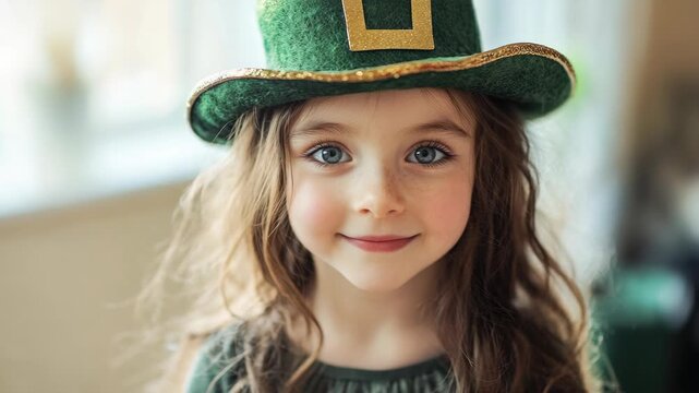 Young girl with blue eyes smiling for the camera wearing a green St. Patrick's Day hat and matching outfit, standing indoors.