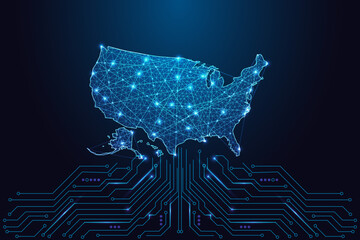Low-poly digital USA map with glowing network connections above circuit board, vector