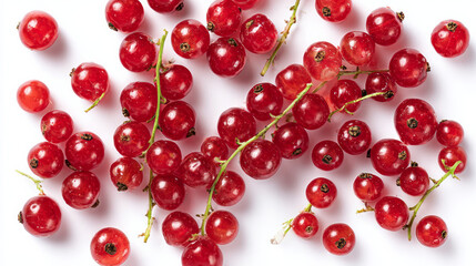 Isolated red currant berries on a white background in top view