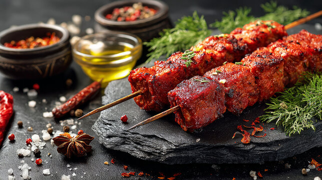 Raw Lula Kebab on Skewers with Spices on Stone Background Traditional Meat Preparation