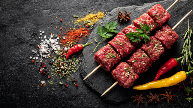 Raw Lula Kebab on Skewers with Spices on Stone Background Traditional Meat Preparation
