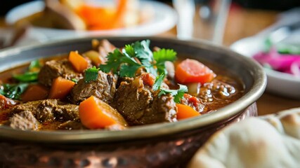 A tantalizing bowl of beef stew served in a copper pot garnished with sour cream and fresh parsley. The hearty dish features tender chunks of beef, carrots, potatoes, and tomatoes