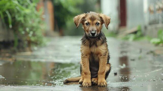 A small puppy with wet fur sits on a rainy street, looking at the camera.