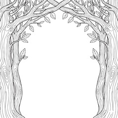 Decorative Tree Branch Border Frame With Vines And Leaves Black And White Line Art Sketch For Coloring Book
