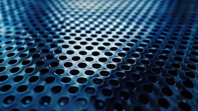 A close-up of a blue metal surface featuring multiple holes and ridges in varying shapes.