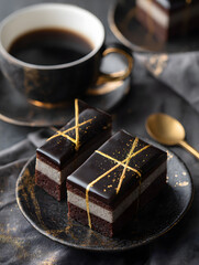 Chocolate Cake with Coffee and Gold Decoration