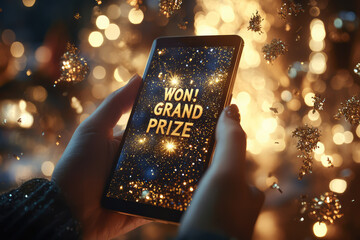 Excited winning moment holding smartphone screen with grand prize notification amidst sparkly bokeh lights celebration showing luck success joy about digital victory reward