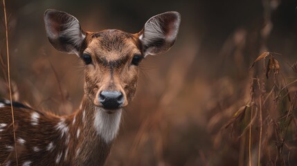 Captivating portrait of a spotted deer amidst blurred autumnal foliage