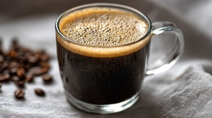 Aromatic Coffee Brew: Close-Up of Rich Dark Coffee in Glass Mug, Bean Aroma