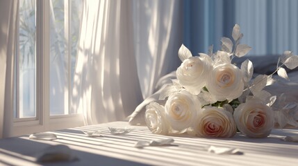 Tranquil morning light illuminating delicate white roses on a bedside table