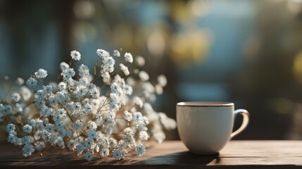 Soft morning scene: Baby's breath alongside a steaming cup on aged wood