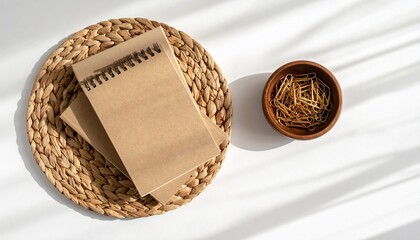Still life with notebooks and bowl on white surface, with shadow patterns