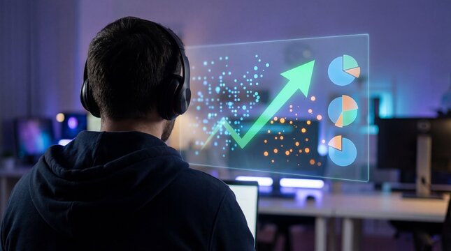 Back View of a Man With Headphone Looking at Digital Screen Showing a Glowing Green Arrow Graph and Pie Charts in a Modern Office - Powered by Adobe
