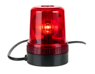 Red flashing warning light on black base, corded