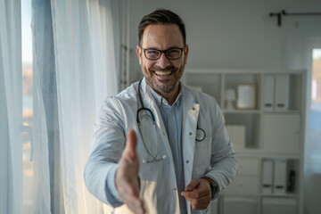 Smiling male doctor extending hand offering handshake