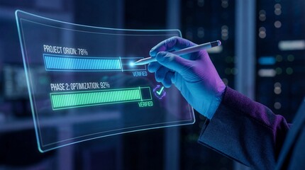 Hand Interacting with Digital Interface Displaying Loading Bars in Server Room with Dim Blue Lighting and Dark Suit