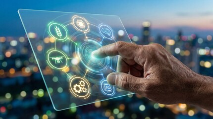 Hand Interacting With Holographic Display Against Blurred Cityscape at Dusk with Brightly Illuminated Geometric Icon Interface