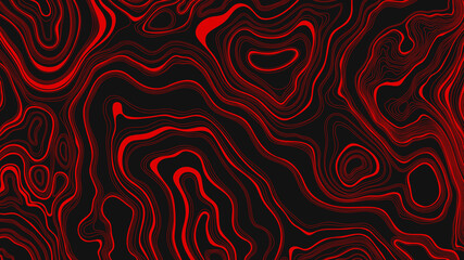 Abstract contour topographic pattern with smooth lines of mountain relief. Minimalist red background design for projects. Illustration with wavy lines on a black background.