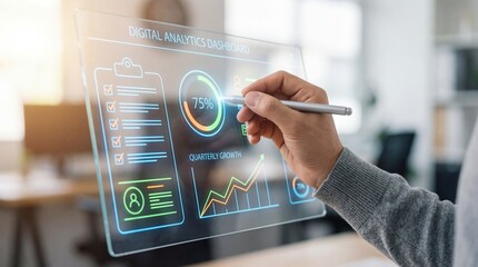 Hand Interacting with Transparent Digital Screen Displaying Financial Data and Charts in Brightly Lit Office Environment