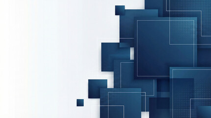 Modern abstract background with overlapping blue geometric squares and rectangles on a white gradient.